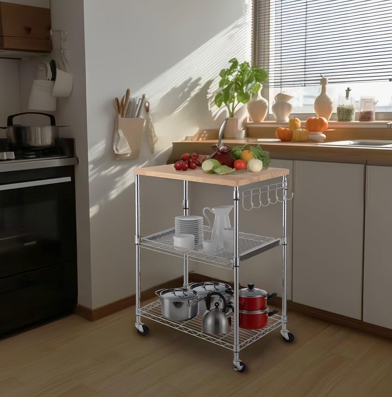 Finnhomy عربة مطبخ متحركة من فينهومي 3 طبقات، عربة ميكروويف مع سطح طاولة من خشب البلوط ودرج منزلق، عربة قهوة وعربة خدمة الطعام مع خطافات، كروم - Image 4